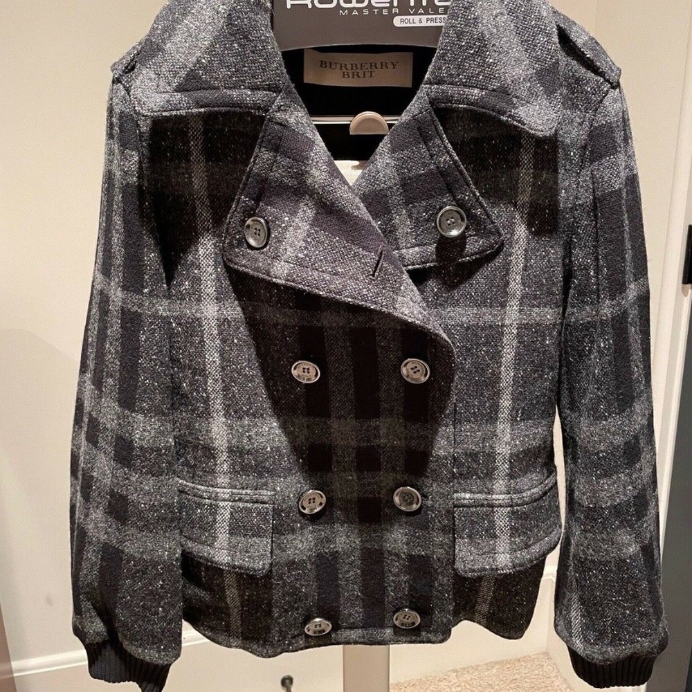 Burberry Brit Women's Wool Black Gray Plaid Bomber Jacket.